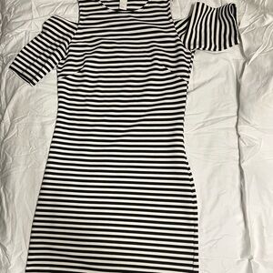 H&M Black and White Striped Cold Shoulder Dress